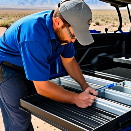 Home 14 **
A Colorado truck bed, organized with durable, weather-resistant storage boxes and side-mounted shelving, containing neatly arranged tools and equipment. Fully clothed technician inspecting the organized storage. Background shows a desert landscape at midday. Safe for work, appropriate content, professional, modest, perfect anatomy, correct proportions, natural pose, well-formed hands, proper finger count, natural body proportions.
**