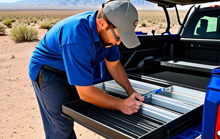 **

A Colorado truck bed, organized with durable, weather-resistant storage boxes and side-mounted shelving, containing neatly arranged tools and equipment. Fully clothed technician inspecting the organized storage. Background shows a desert landscape at midday. Safe for work, appropriate content, professional, modest, perfect anatomy, correct proportions, natural pose, well-formed hands, proper finger count, natural body proportions.

**