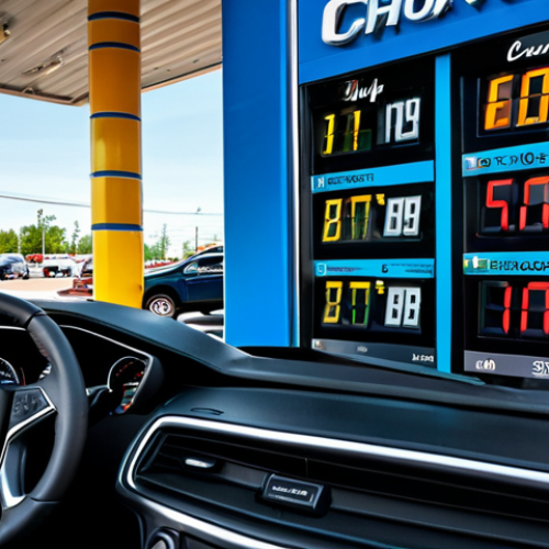 Home 9 Fuel Efficiency Awareness**
"A modern Chevrolet Camaro parked at a gas station. The dashboard shows a fuel consumption display. Focus on the fuel pump and digital gauge. Background includes other cars and a convenience store. fully clothed driver visible inside, appropriate attire, safe for work, correct proportions, natural pose, professional advertisement, family-friendly"
**