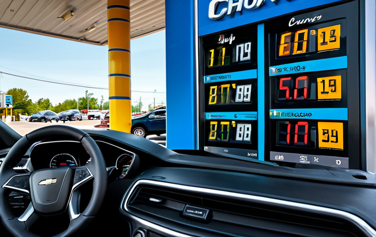 Fuel Efficiency Awareness**

"A modern Chevrolet Camaro parked at a gas station. The dashboard shows a fuel consumption display. Focus on the fuel pump and digital gauge. Background includes other cars and a convenience store. fully clothed driver visible inside, appropriate attire, safe for work, correct proportions, natural pose, professional advertisement, family-friendly"

**
